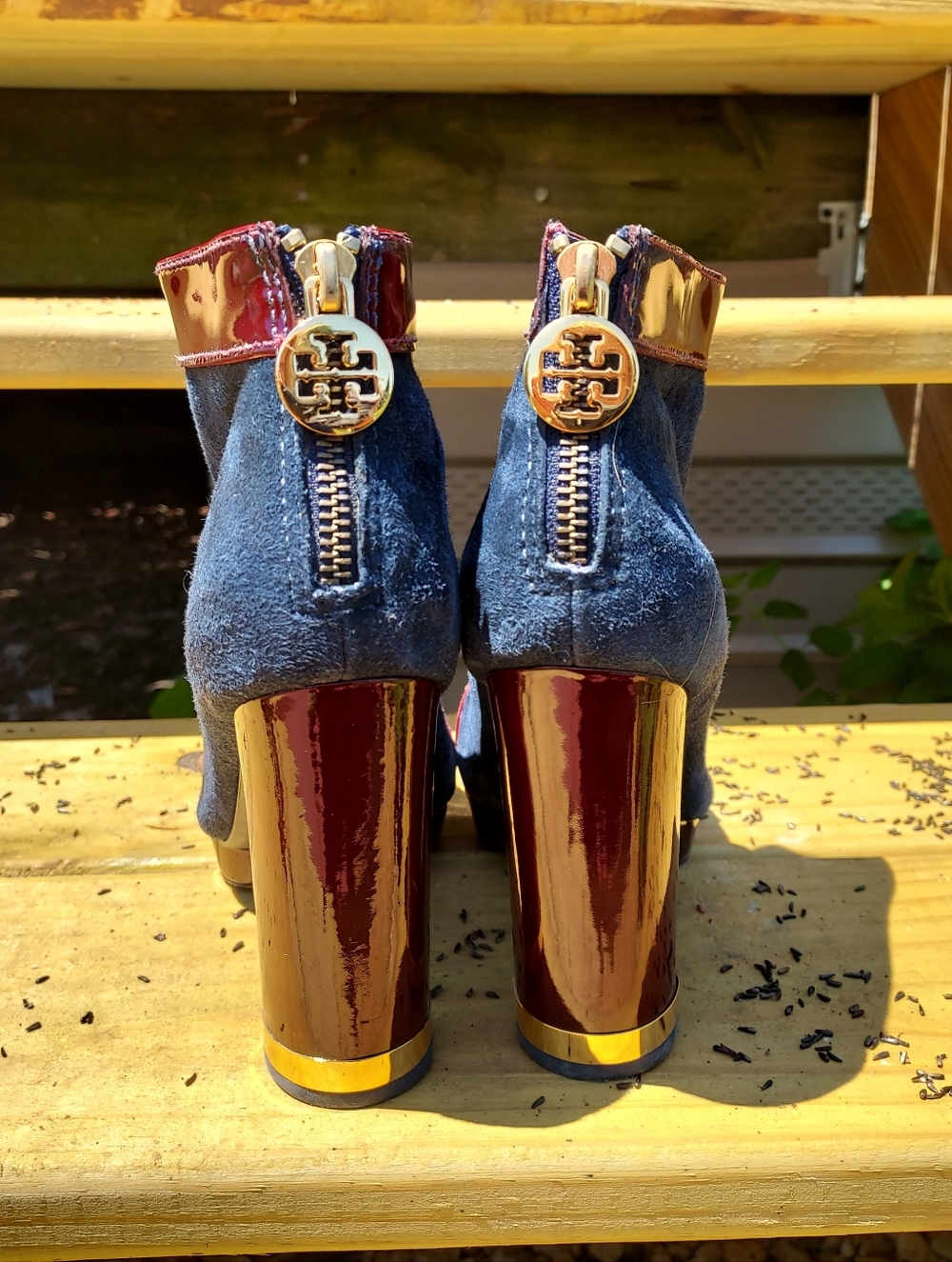 Tory Burch Navy Suede Ankle Boots with Burgundy Patent Block Heel and Gold Logo